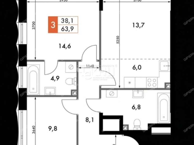 трёхкомнатная квартира в новостройке на Черниговской улице
