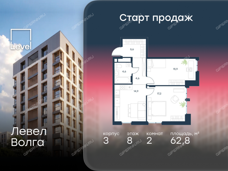 двухкомнатная квартира в новостройке в ЖК Левел Волга, корпус 3